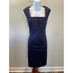 Calvin Klein Navy Blue Sheath Dress Size 10 Square Neck Pleated Detail